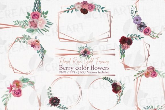 Berry Color Flower Rose Gold Frames Art: Graphics & Print Templates