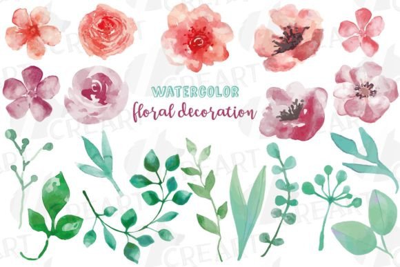 Burgundy, Coral Pink Flowers Green Leaf Graphics