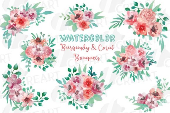 Coral & Wine Wedding Bouquets Clipart: Graphics for Print Templates