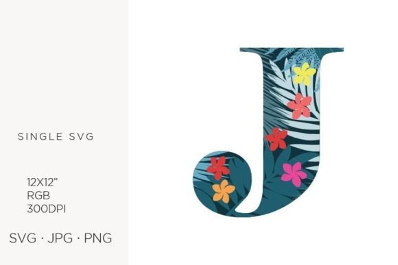 Palm Leaves and Flowers Inside Letter J Graphics & Icons
