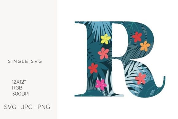 Palm Leaves and Flowers Inside Letter R Graphics & Icons
