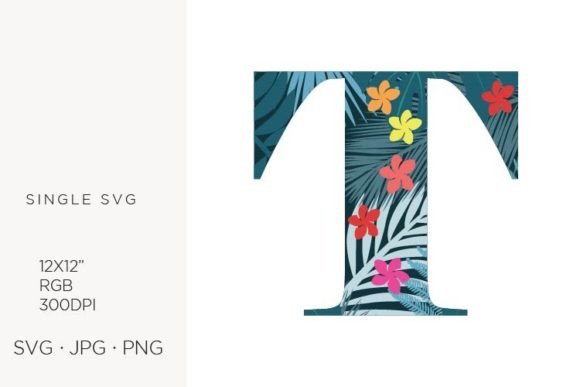 Palm Leaves and Flowers Inside Letter T Graphics & Icons