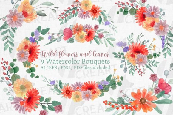 Watercolor Wild Flowers Bouquets Graphics for Print Templates