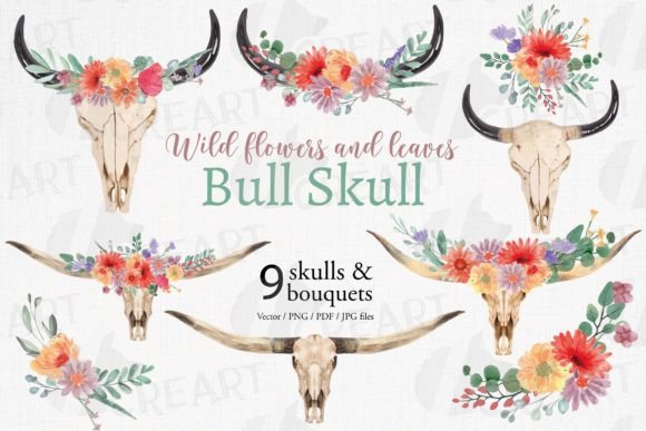 Wild Flower Bouquets and Bull Skull PNG Graphics